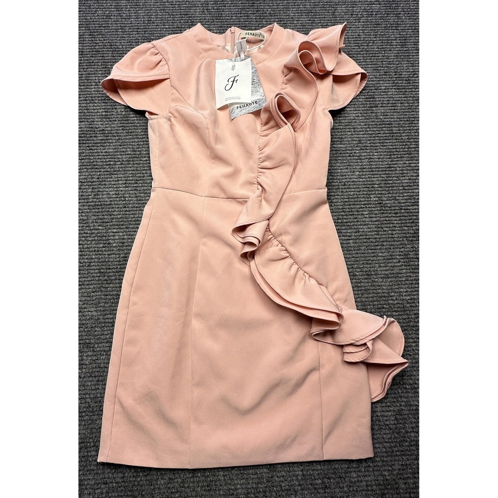 FEHAUTE Dress Womens XS Pink Ruffle Front Sheath Short Sleeve Party Wedding